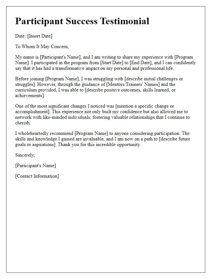 Letter template of participant success testimonial