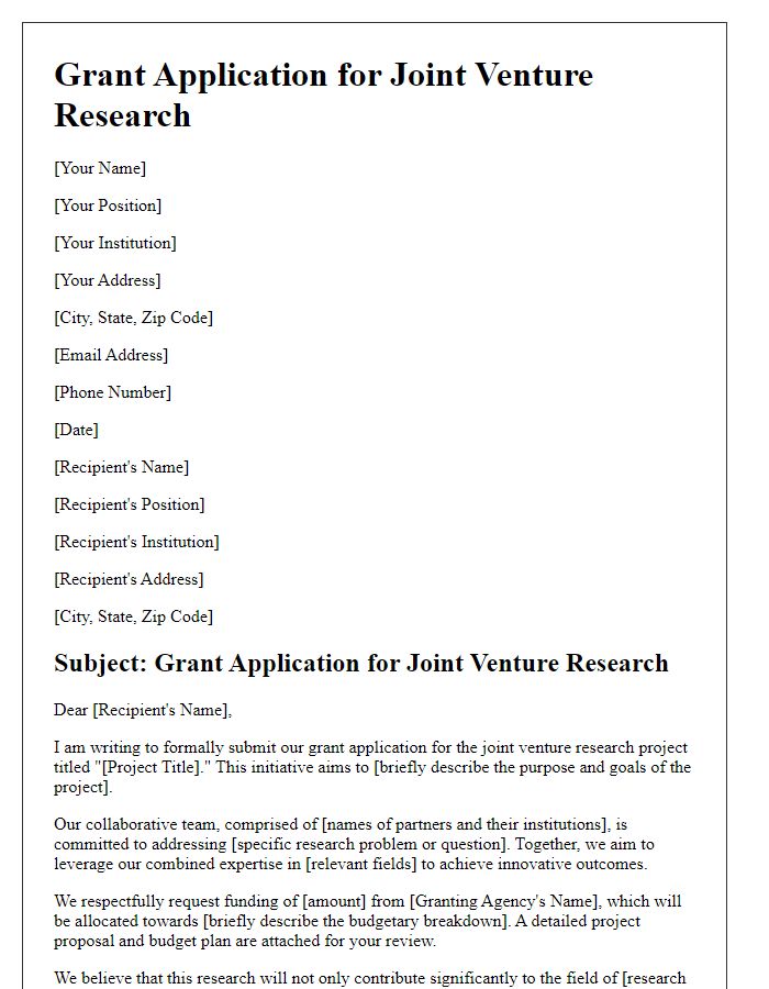 Letter template of grant application for joint venture research