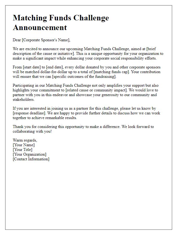 Letter template of matching funds challenge announcement to corporate sponsors