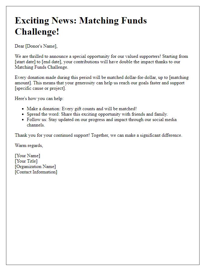 Letter template of matching funds challenge announcement to donors