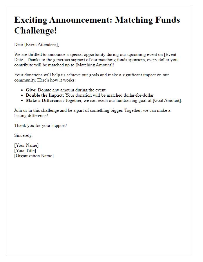 Letter template of matching funds challenge announcement for event attendees