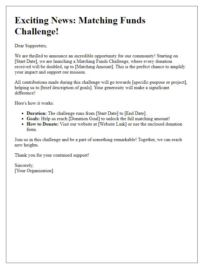 Letter template of matching funds challenge announcement for newsletter inclusion