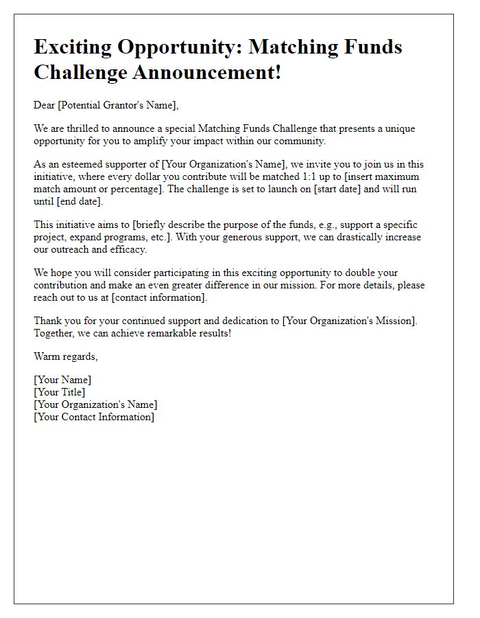 Letter template of matching funds challenge announcement to potential grantors