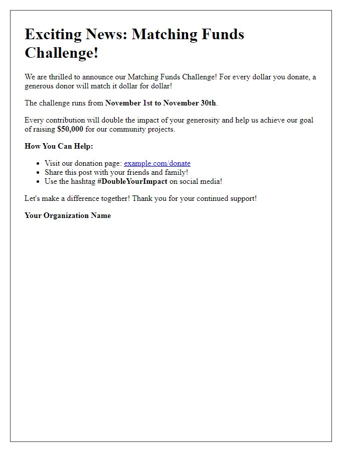 Letter template of matching funds challenge announcement for social media promotion