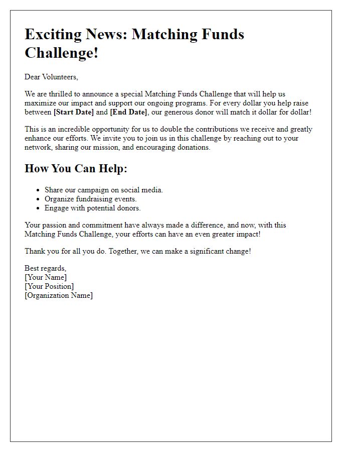 Letter template of matching funds challenge announcement for volunteers