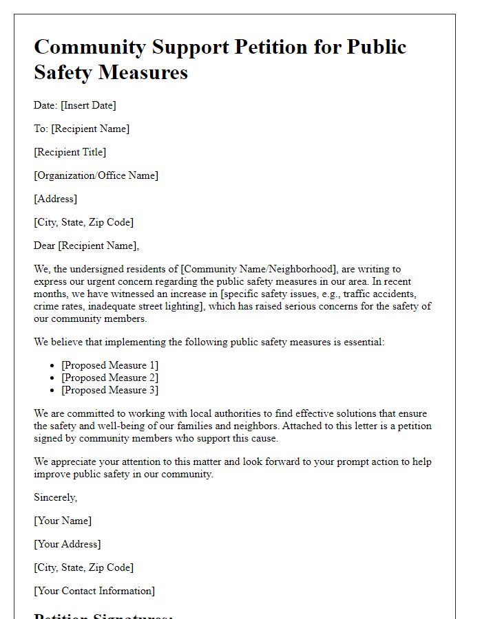 Letter template of community support petition for public safety measures