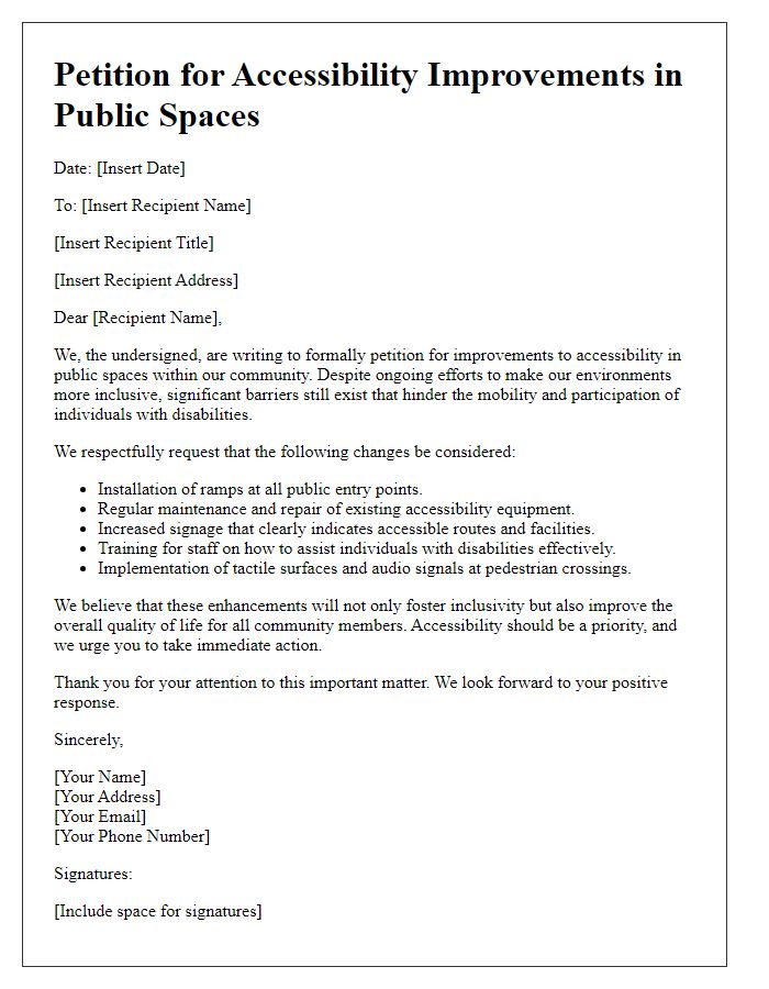 Letter template of petition for accessibility improvements in public spaces