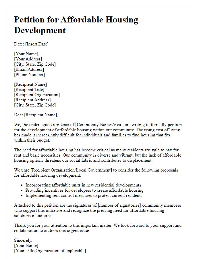 Letter template of petition for affordable housing development