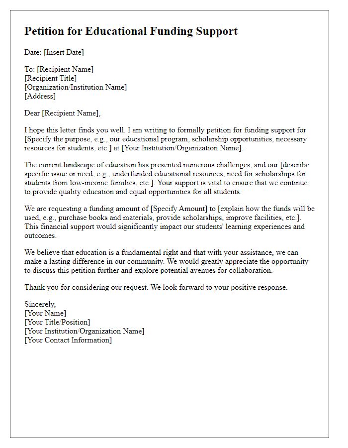 Letter template of petition for educational funding support