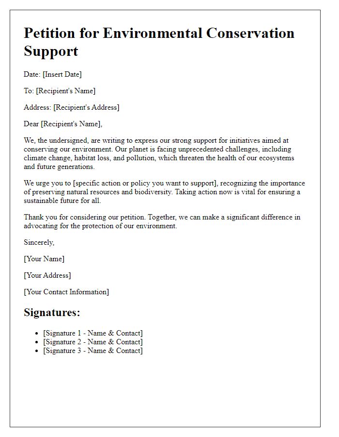 Letter template of support petition for environmental conservation