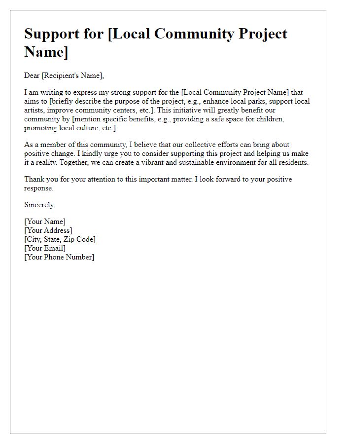 Letter template of support petition for local community project