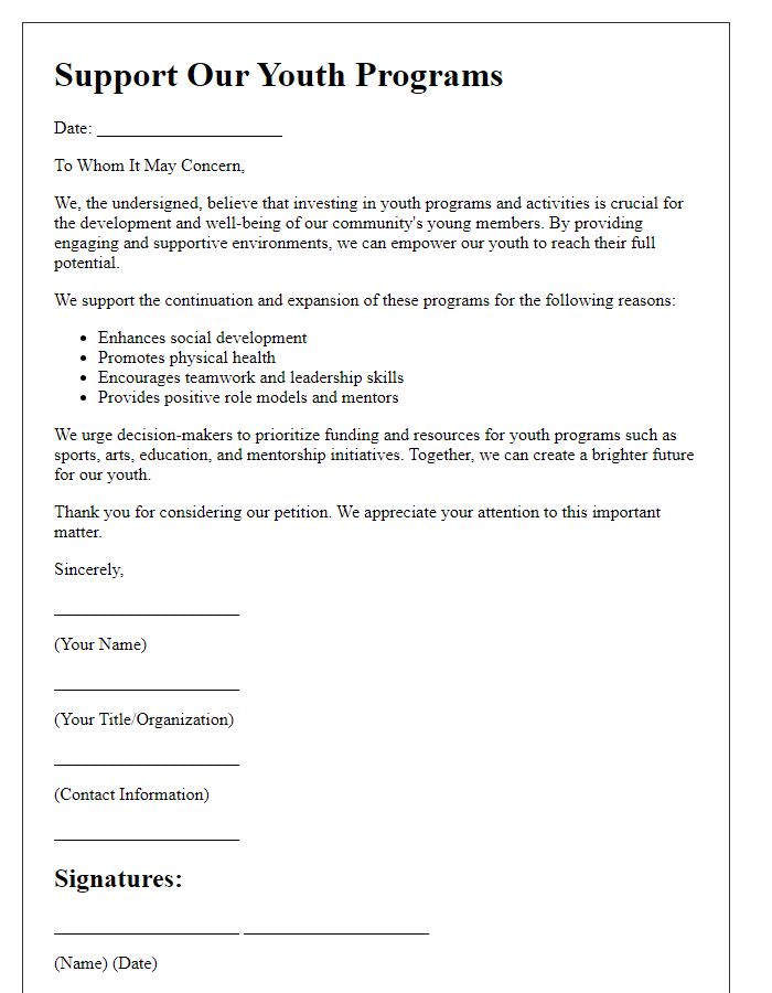 Letter template of support petition for youth programs and activities