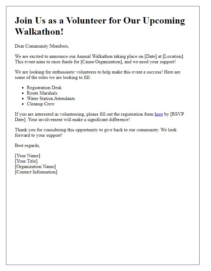 Letter template of call for volunteers for the upcoming walkathon