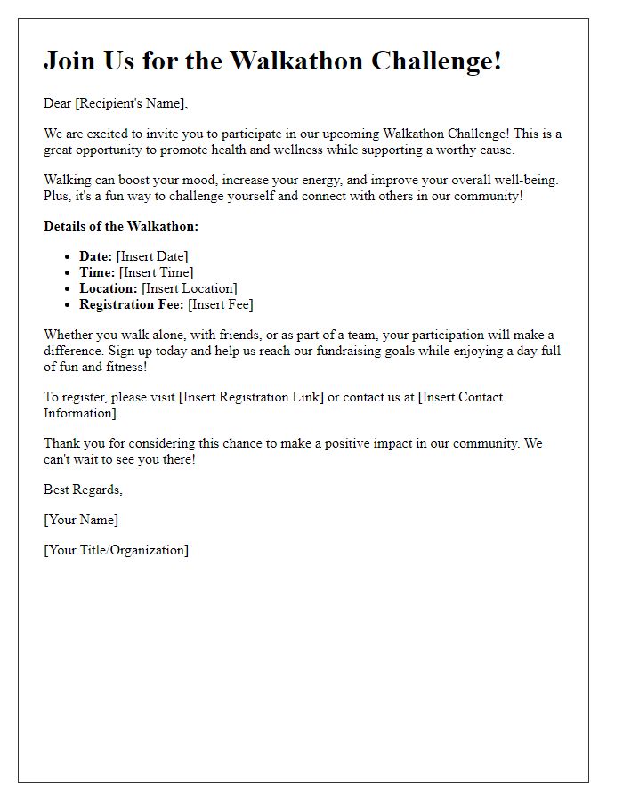 Letter template of encouragement to sign up for the walkathon challenge