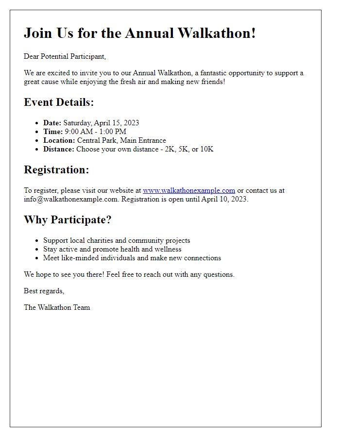 Letter template of information about the walkathon for potential participants