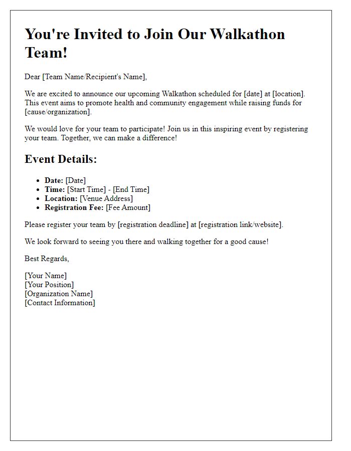 Letter template of invitation for team registration in the walkathon