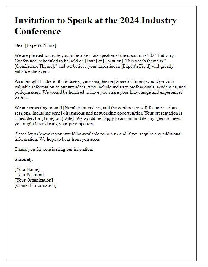 Letter template of invitation for expert speaker at an industry conference.