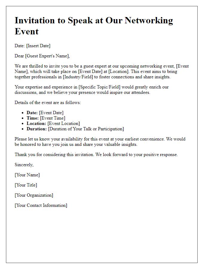 Letter template of invitation for guest expert at a networking event.