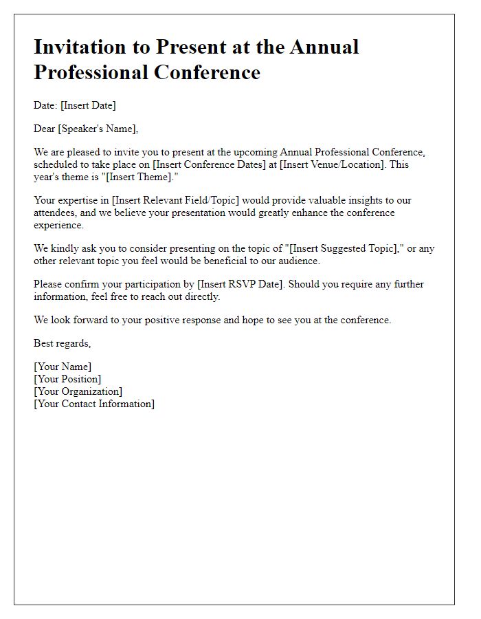 Letter template of invitation to present at a professional conference.