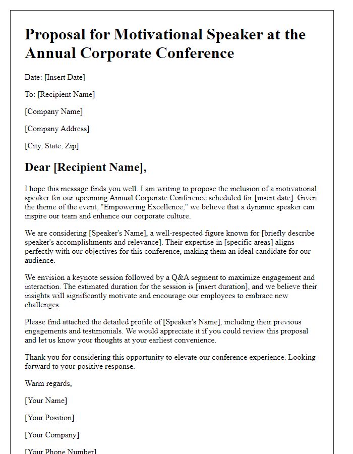 Letter template of proposal for motivational speaker at a corporate conference.