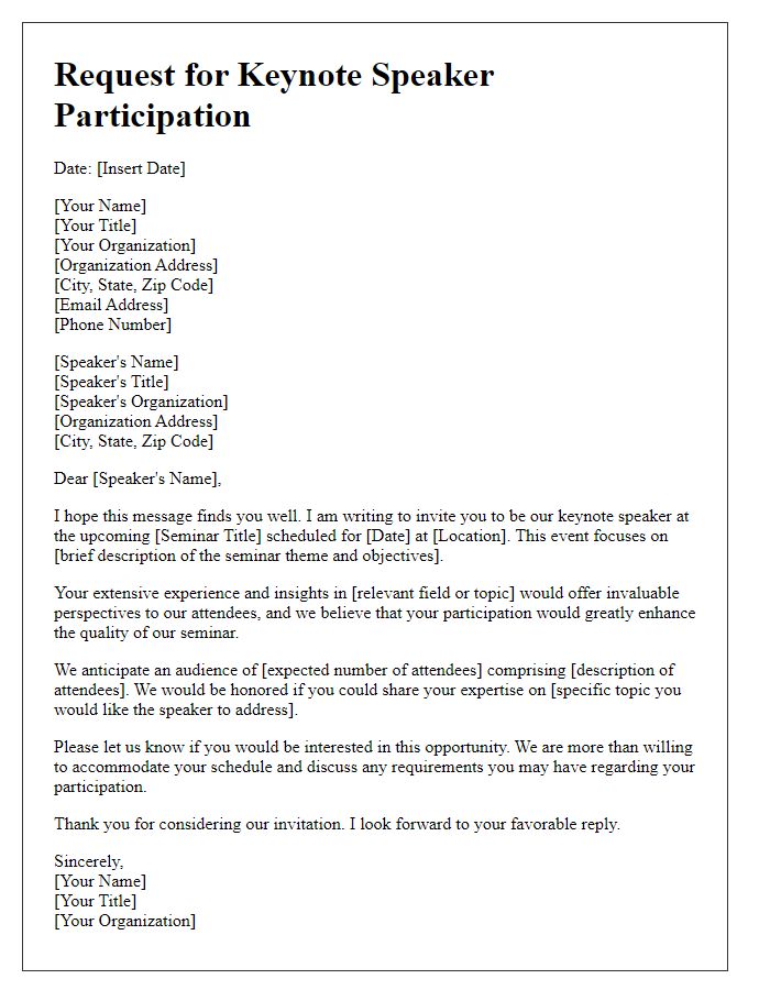 Letter template of request for keynote speaker participation in a seminar.