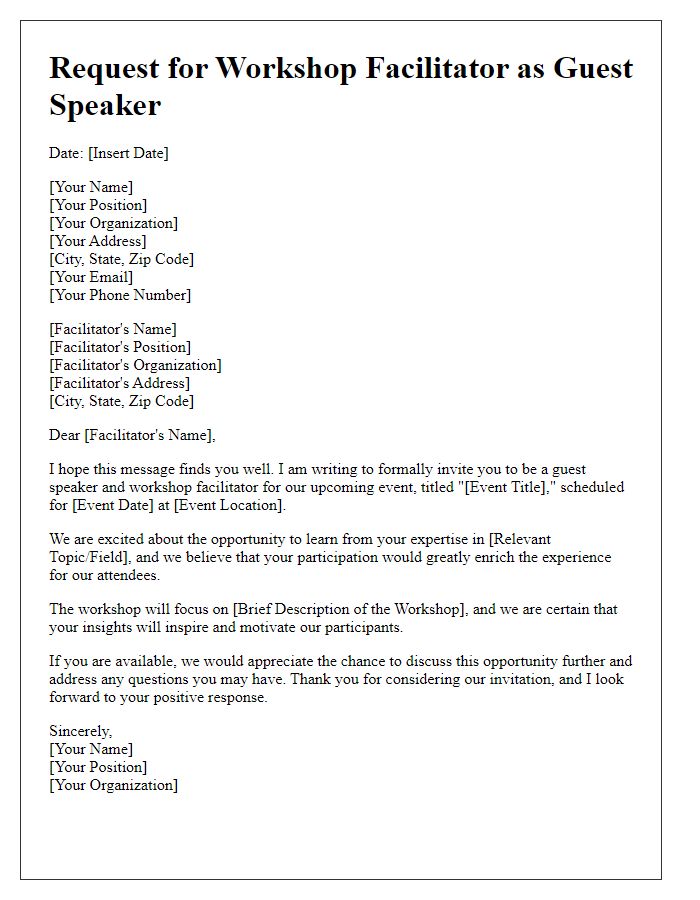 Letter template of request for workshop facilitator as a guest speaker.