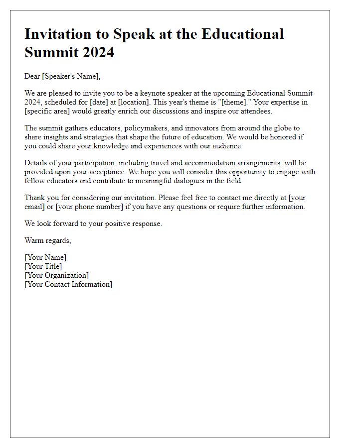 Letter template of solicitation for a lecture at an educational summit.