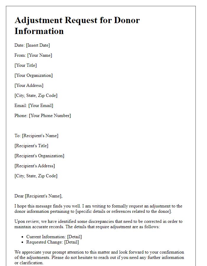 Letter template of adjustment request for donor information