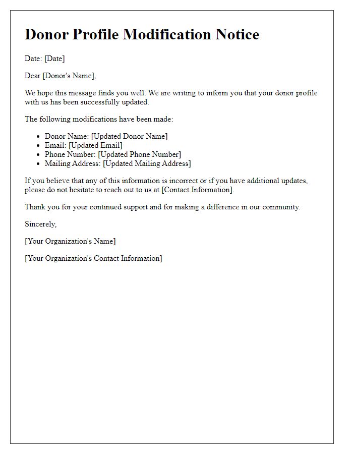 Letter template of donor profile modification notice