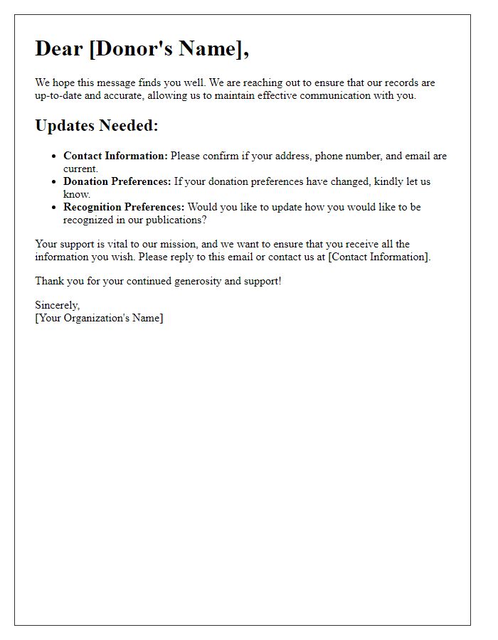 Letter template of updates needed for donor records