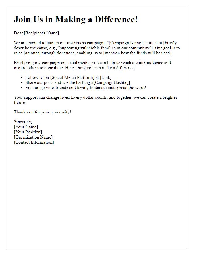 Letter template of an awareness campaign encouraging donations through social media.