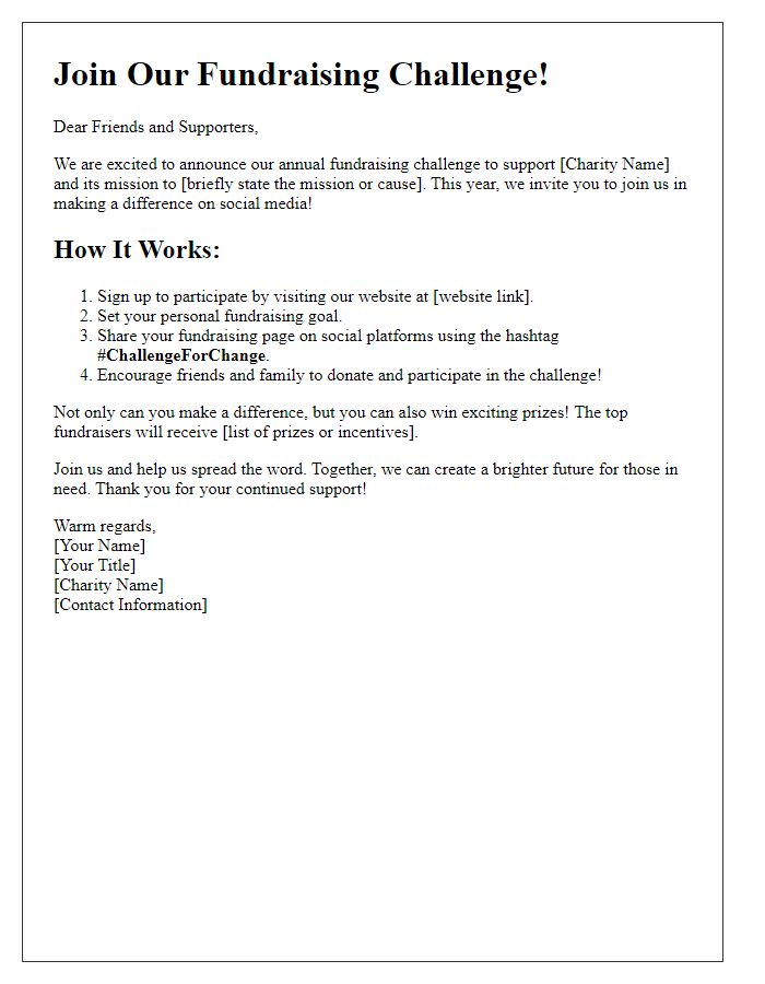 Letter template of a charitable organizations fundraising challenge on social platforms.