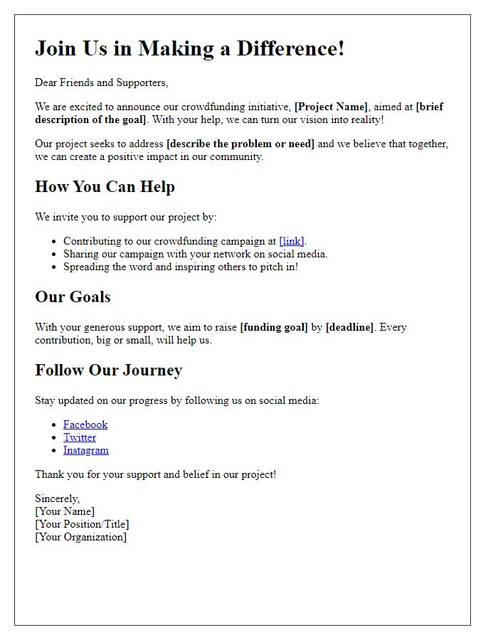 Letter template of a crowdfunding initiative shared via social platforms.