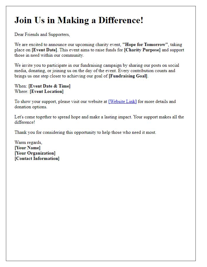 Letter template of a fundraising campaign for a charity event on social media.