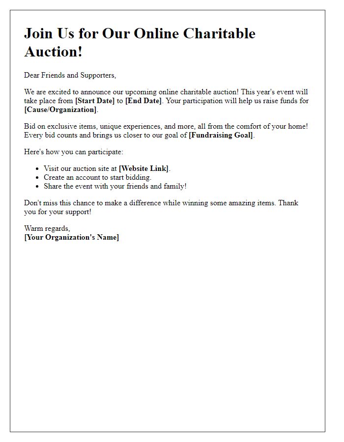 Letter template of an online charitable auction announcement on social media.