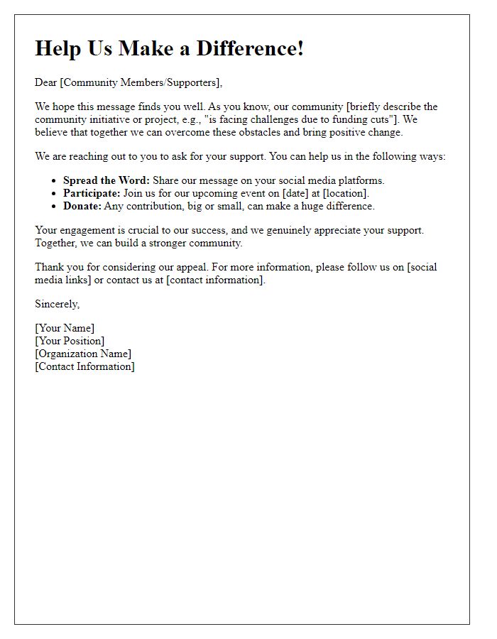 Letter template of a social media appeal for community support.