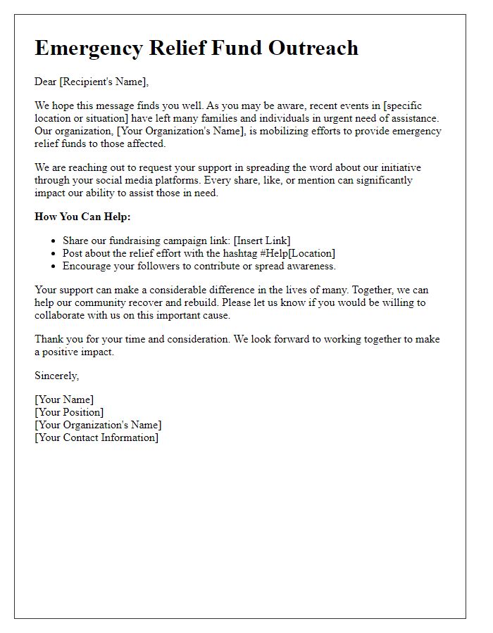 Letter template of a social media outreach for emergency relief funds.