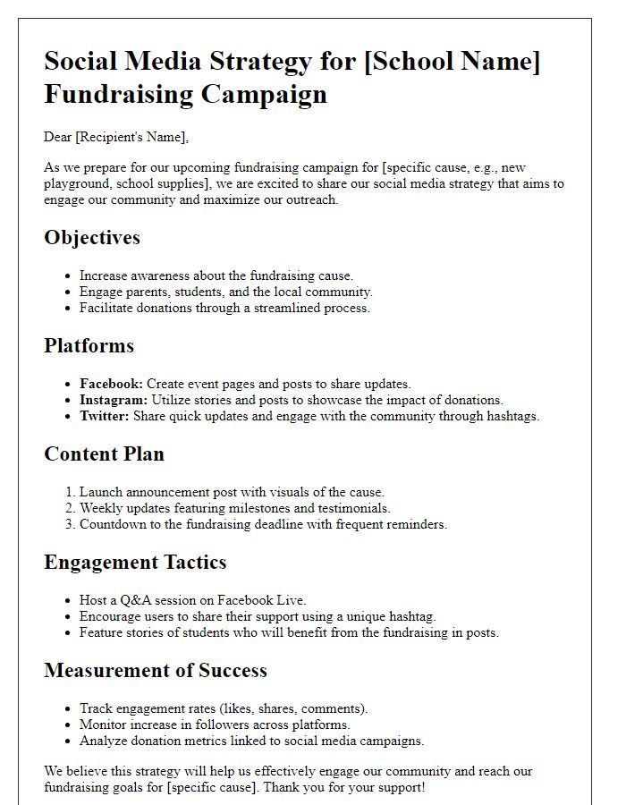 Letter template of a social media strategy for a school fundraising cause.