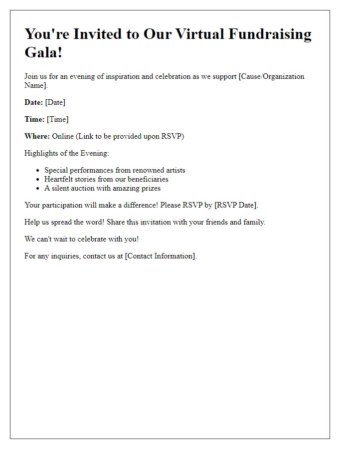 Letter template of a virtual fundraising gala invitation on social channels.