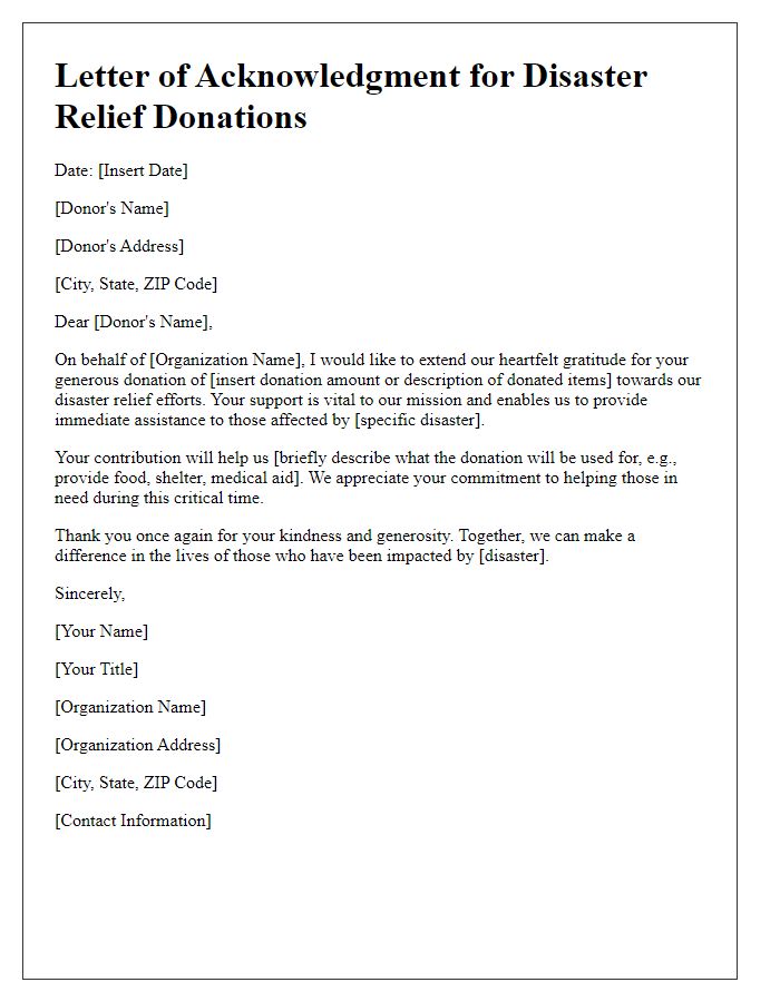 Letter template of acknowledgment for disaster relief donations