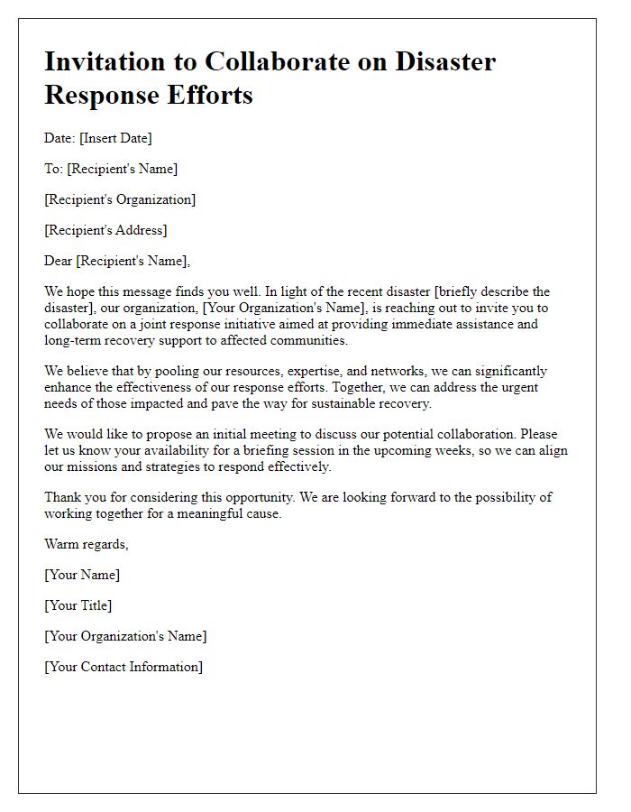 Letter template of collaboration invitation for disaster response efforts