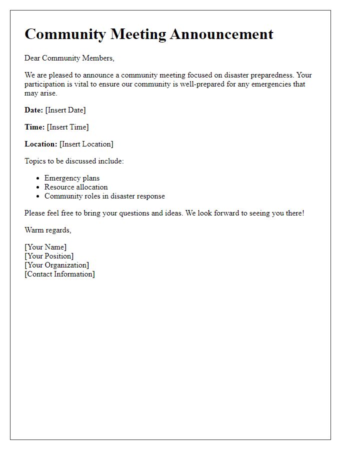 Letter template of community meeting announcement for disaster preparedness