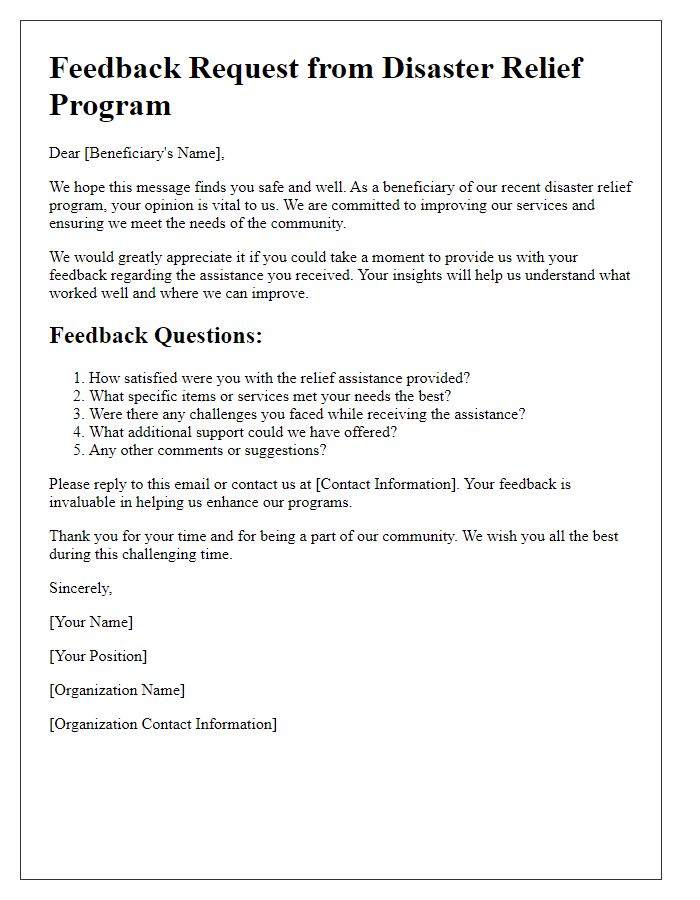 Letter template of feedback request from disaster relief beneficiaries