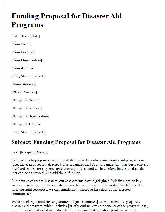 Letter template of funding proposal for disaster aid programs