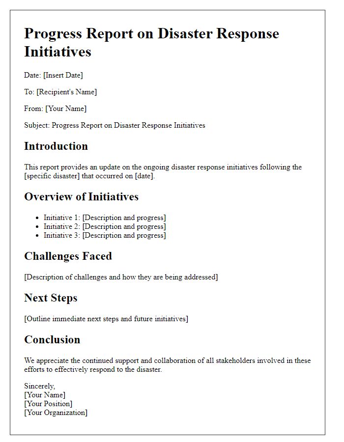 Letter template of progress report on disaster response initiatives