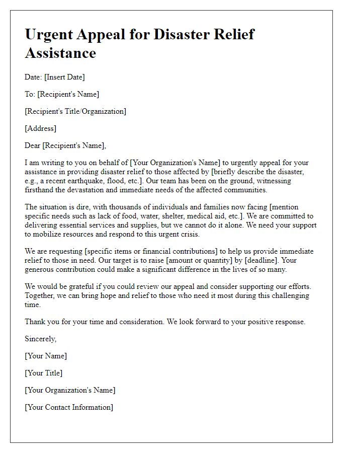 Letter template of urgent appeal for disaster relief assistance