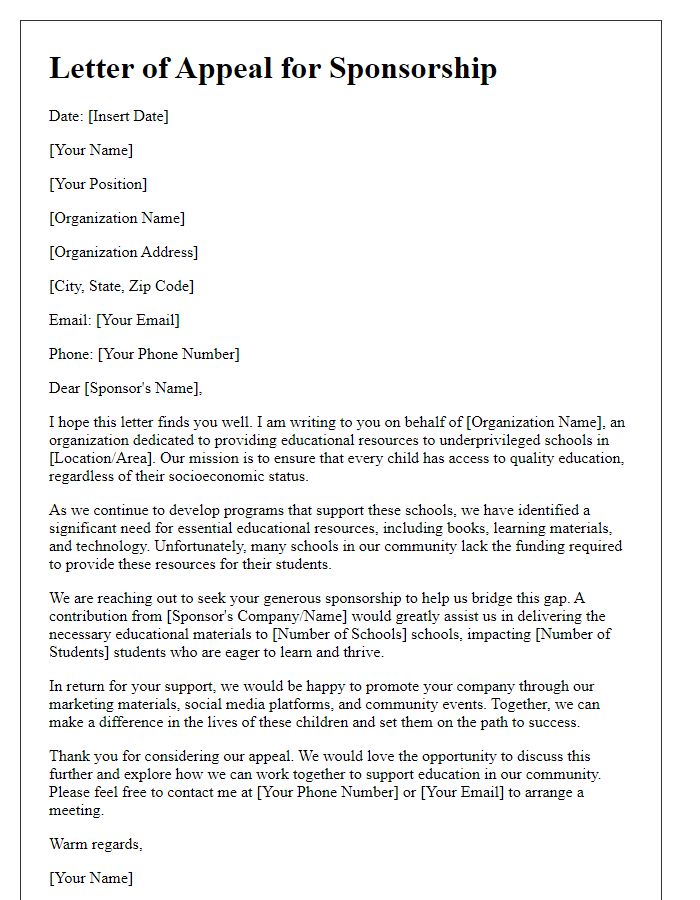 Letter template of appeal for sponsorship towards educational resources for underprivileged schools