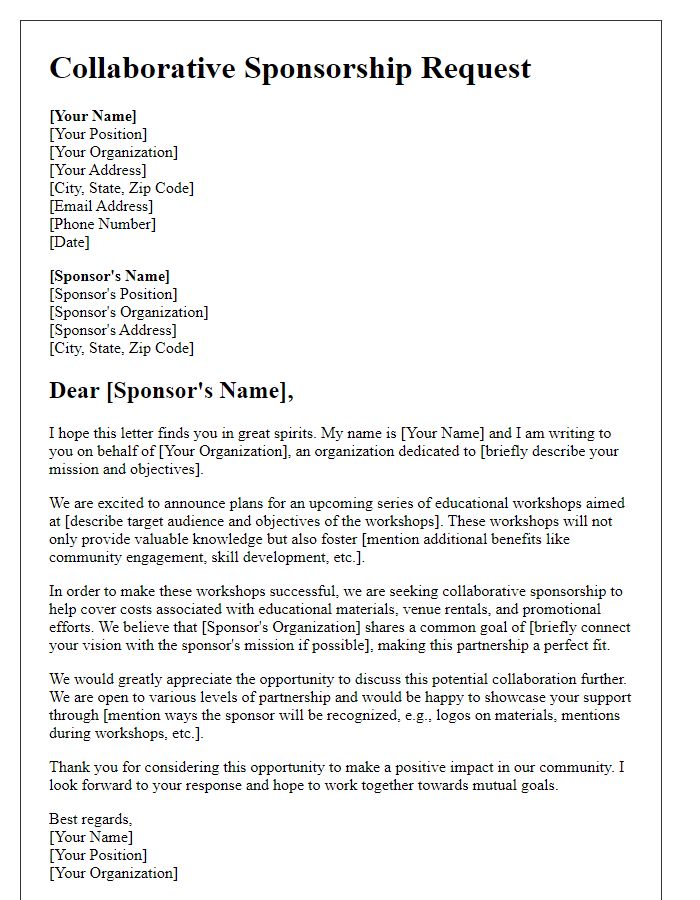 Letter template of collaborative sponsorship request for educational workshops and materials