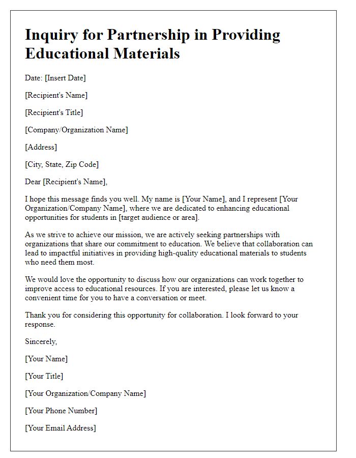 Letter template of inquiry for partnerships in providing educational materials