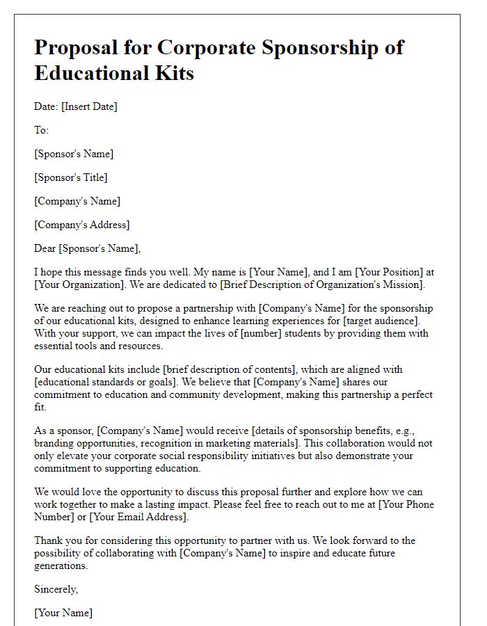 Letter template of proposal for corporate sponsorship of educational kits